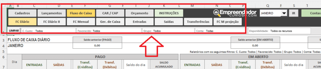 Planilha de controle financeiro - menu de navegação da planilha - Aba de fluxo de caixa