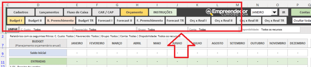 Planilha de controle financeiro - menu de navegação da planilha - Aba de Orçamento